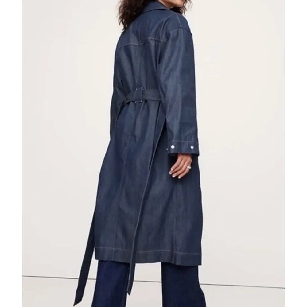 Banana Republic Denim Trench Coat Indigo Blue Belted Duster Medium Boho NWT - Picture 2 of 14